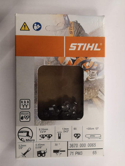 Catena per motosega STIHL, modello 3670 000 0065, 71 PM3, passo 3/8" P, spessore 1,1 mm, lunghezza 30 cm (12"), 65 maglie, sistema Oilomatic, micro, confezione originale con istruzioni di sicurezza.