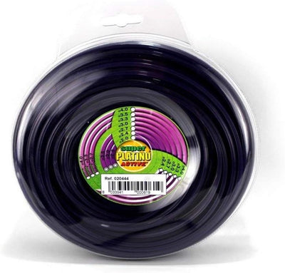 Bobina di filo per decespugliatore Super Platino Active, nero, con diverse misure disponibili. Confezione rotonda trasparente con etichetta colorata. Ref. 020444, codice a barre visibile. Ideale per giardinaggio e cura del prato.