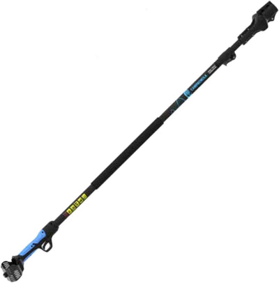 Cesoia elettrica telescopica professionale per potatura, batteria al litio, manico ergonomico, regolabile in altezza, leggera e maneggevole, ideale per giardinaggio e cura degli alberi, colore nero e blu.