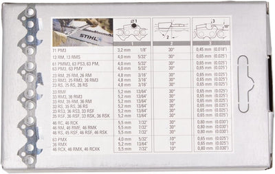 Catena per motosega Stihl, specifiche tecniche dettagliate, dimensioni e angoli di affilatura, compatibilità con modelli PM3, RM, RMS, RS, RM3, RSF, RSK, RMK, RMF, RC, PMX, RCXK, lunghezza 3,2 mm - 5,5 mm, angolo 30° - 10°.