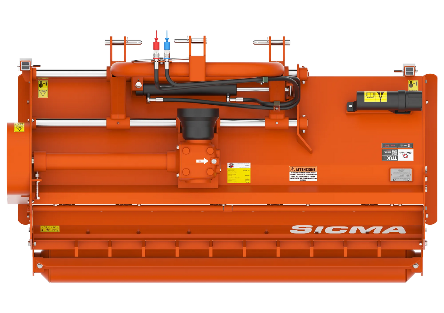 Trinciatutto SICMA spostabile – vista dall’alto che mostra larghezza di lavoro, cilindri di spostamento laterale e rullo posteriore.