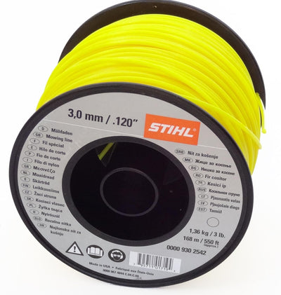 Bobina di filo per decespugliatore Stihl, diametro 3,0 mm, lunghezza 168 m, peso 1,36 kg. Filo di nylon giallo resistente per taglio erba e sterpaglie. Ideale per attrezzi da giardino, garantisce prestazioni elevate e durature.
