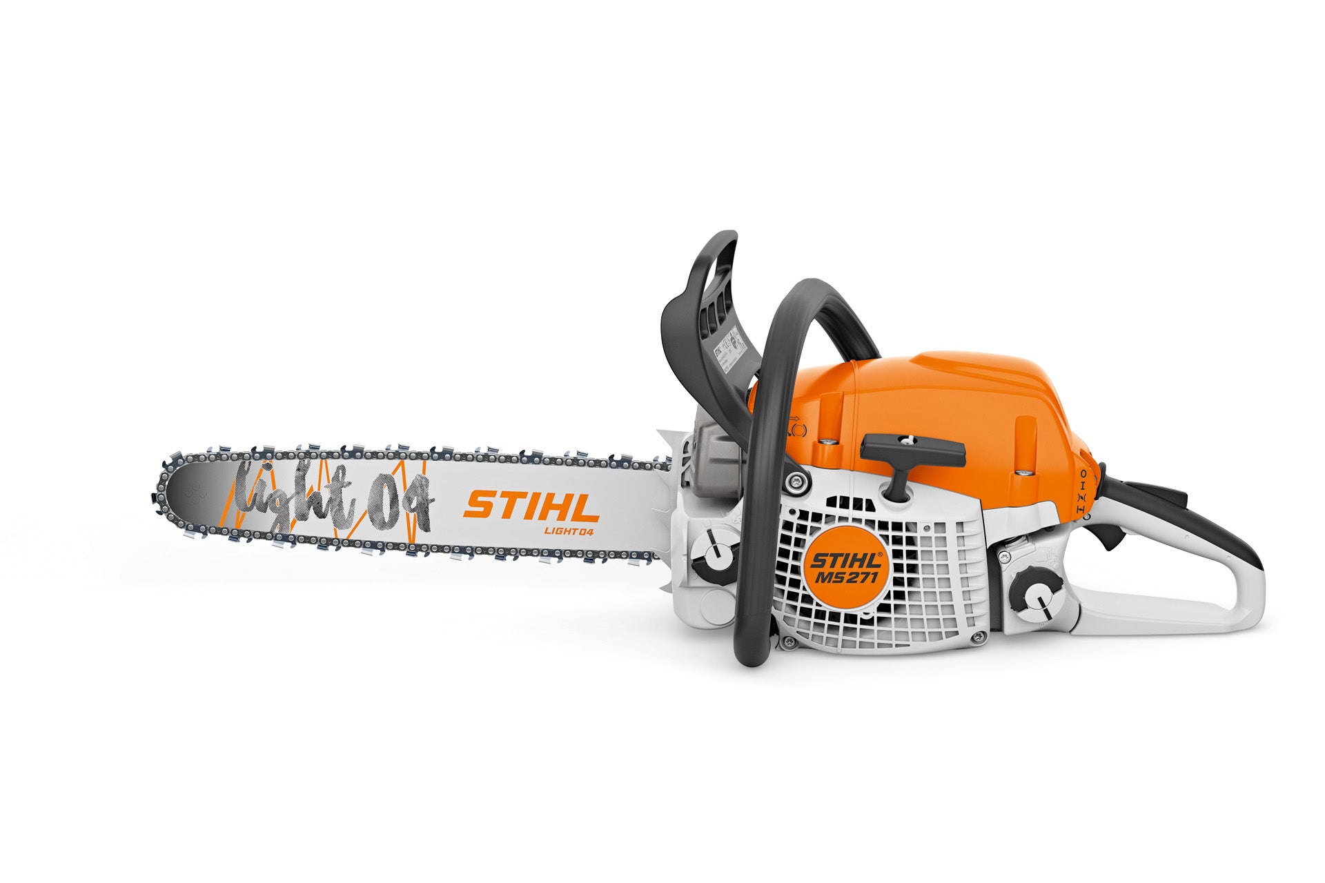 Primo piano della motosega STIHL MS 271 con dettagli della barra guida