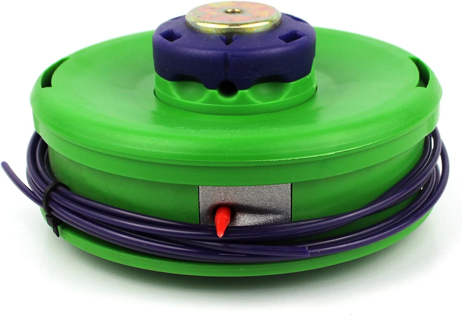 Testina di ricambio per decespugliatore, verde con componente superiore blu e filo di nylon viola avvolto attorno. Accessorio ideale per tagliaerba, facile da installare e resistente. Perfetto per giardinaggio e manutenzione del prato.