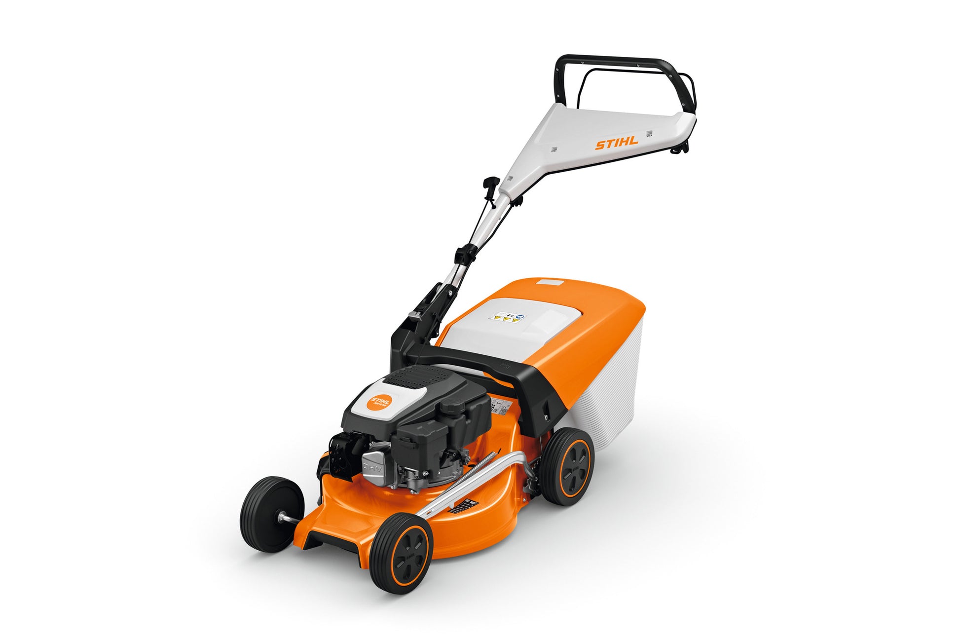 Tosaerba a scoppio STIHL RM 248 su prato verde con motore acceso