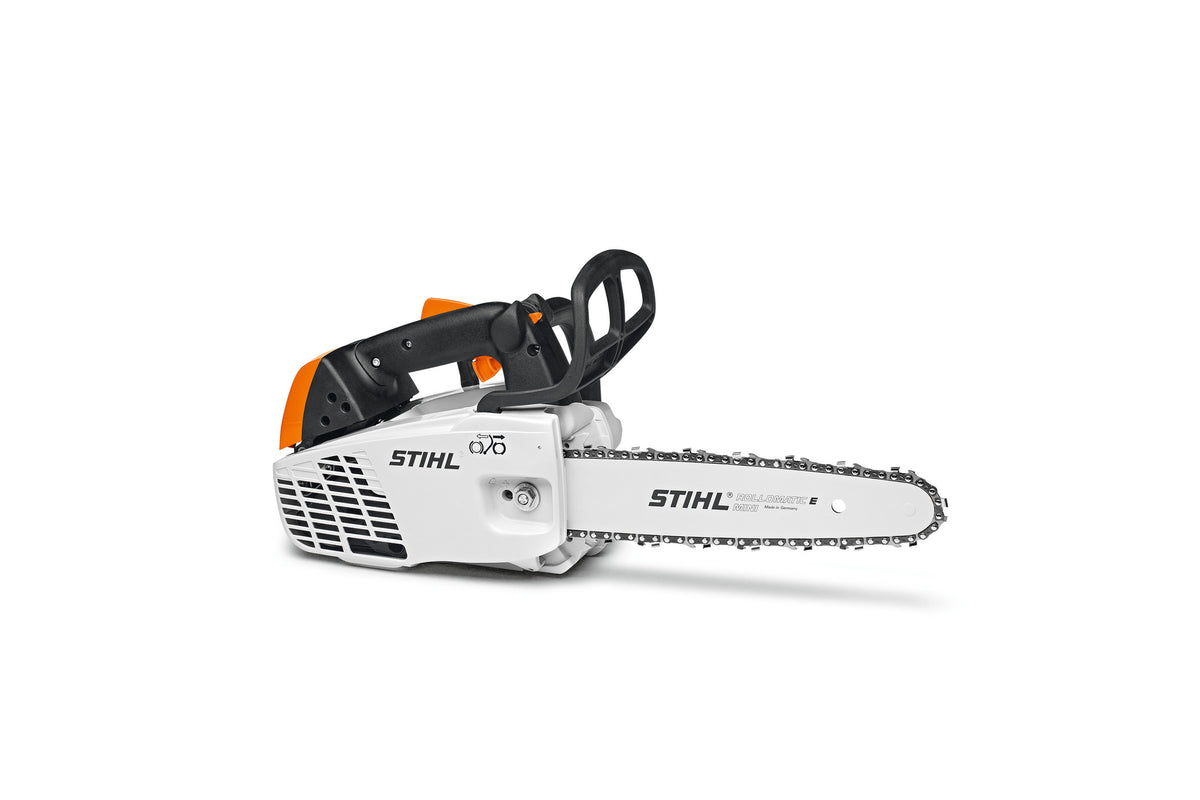 Motosega STIHL MS 194 TC-E vista anteriore, con dettagli del motore e barra di taglio visibili