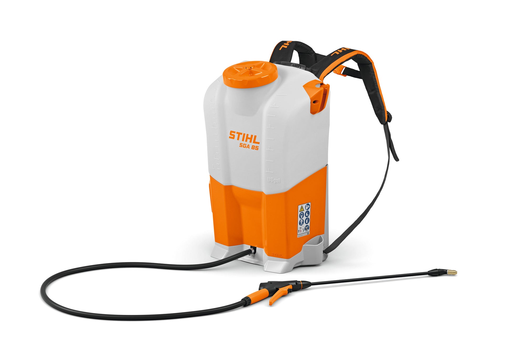 Vista frontale dell'atomizzatore a batteria STIHL SGA 85 con serbatoio trasparente