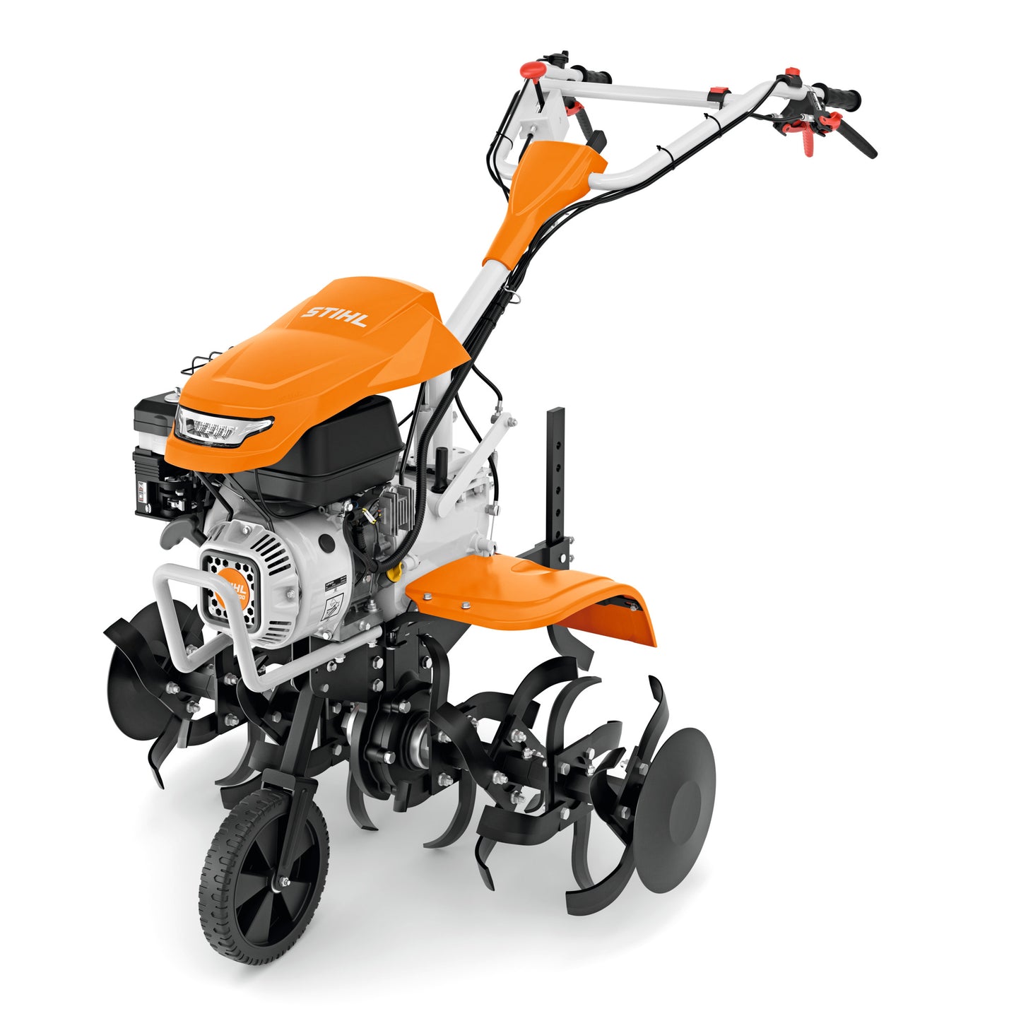 Vista frontale della Motozappa STIHL MH 700 con dettagli del manubrio e della luce LED