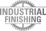 Logo grigio con testo "Industrial Finishing" sovrapposto a un ingranaggio stilizzato. Rappresenta servizi di finitura industriale, lavorazione dei metalli, verniciatura e rivestimenti protettivi per migliorare la qualità e la durata dei prodotti.