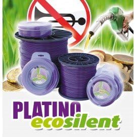 Filo decespugliatore Platino Ecosilent, colore viola, eco-friendly, riduce il rumore, risparmio di carburante, bobine di diverse dimensioni, simbolo di divieto di tromba, immagine di monete e pompa di benzina.