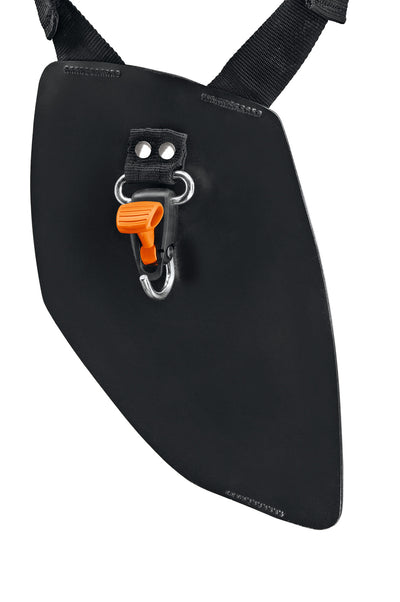 Vista del set di supporti imbottiti con adattatore a cintura di Stihl per il trasporto di batterie e dispositivi.