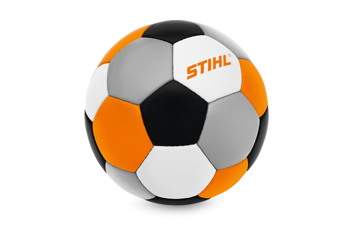 Pallone da calcio Stihl con rivestimento brillante e cucito a mano, dettaglio del disegno e del materiale