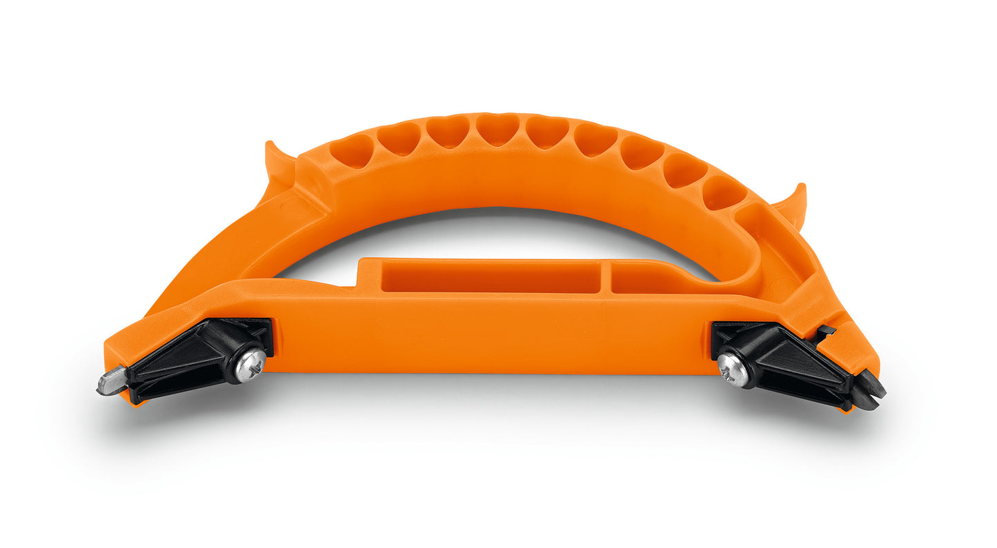 Immagine dell'affilatore 3-in-1 di Stihl, ideale per cesoie, asce e coltelli, in un design ergonomico