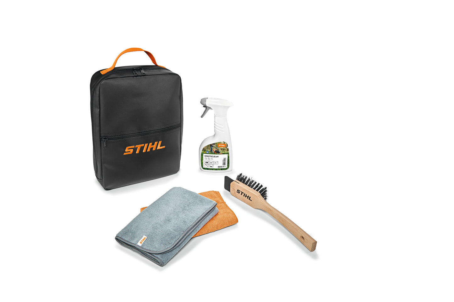 Kit Cura & Pulizia per iMOW Plus di STIHL con flacone Multiclean, spazzola con raschietto, panni in microfibra e borsa da trasporto