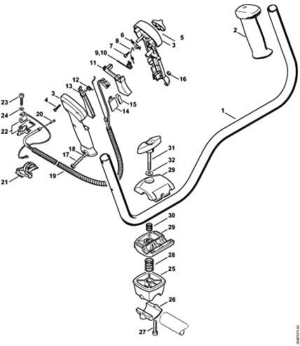 Esploso di componenti per manubrio di decespugliatore, inclusi manopole, leve freno, cavi, viti e morsetti. Ricambi per riparazione e manutenzione di biciclette. Schema dettagliato di montaggio per facile identificazione e sostituzione.