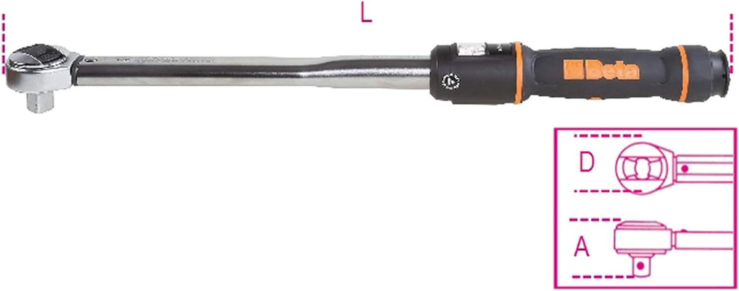 Vista laterale di una chiave dinamometrica Beta, con impugnatura nera e dettagli arancioni. Nella parte inferiore destra dell'immagine, sono presenti disegni tecnici con etichette "D" e "A" che mostrano i dettagli della chiave.