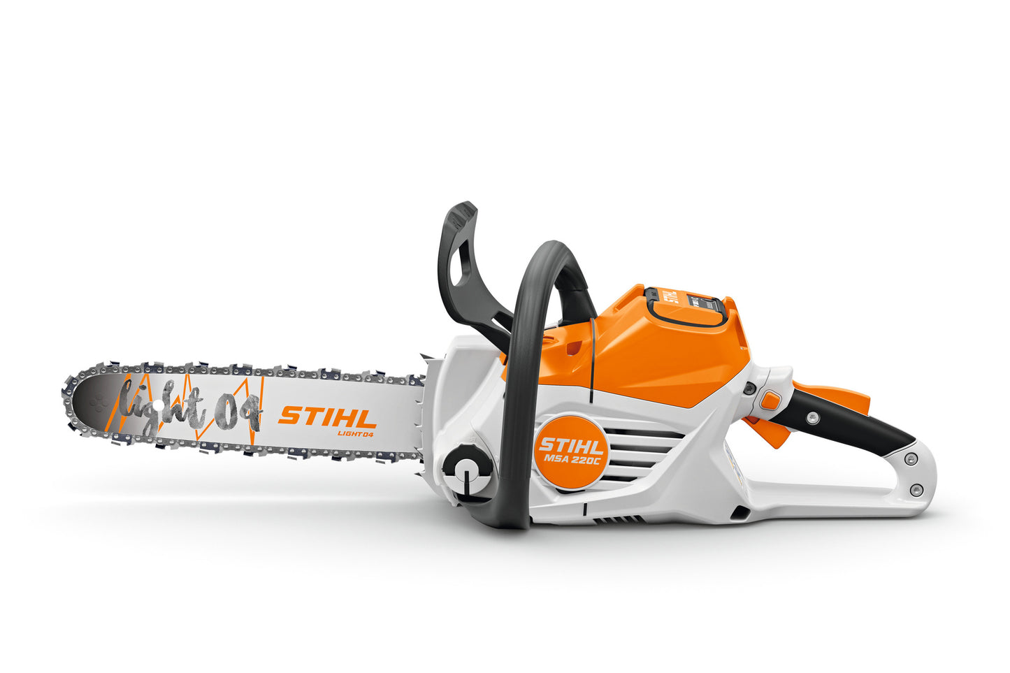 Primo piano della motosega STIHL MSA 220 C-B con dettaglio del sistema di taglio