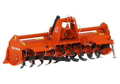 Vista frontale laterale fresatrice SICMA RC con dettagli su zappe e struttura compatta
