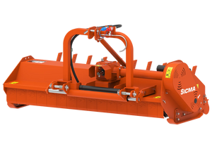 Trinciatrice Sicma SL 155 Spostabile vista frontale, attacco a tre punti per trattore, robusta struttura in acciaio verniciato arancione.