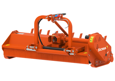 Trinciatrice Sicma SL 155 Spostabile vista frontale, attacco a tre punti per trattore, robusta struttura in acciaio verniciato arancione.