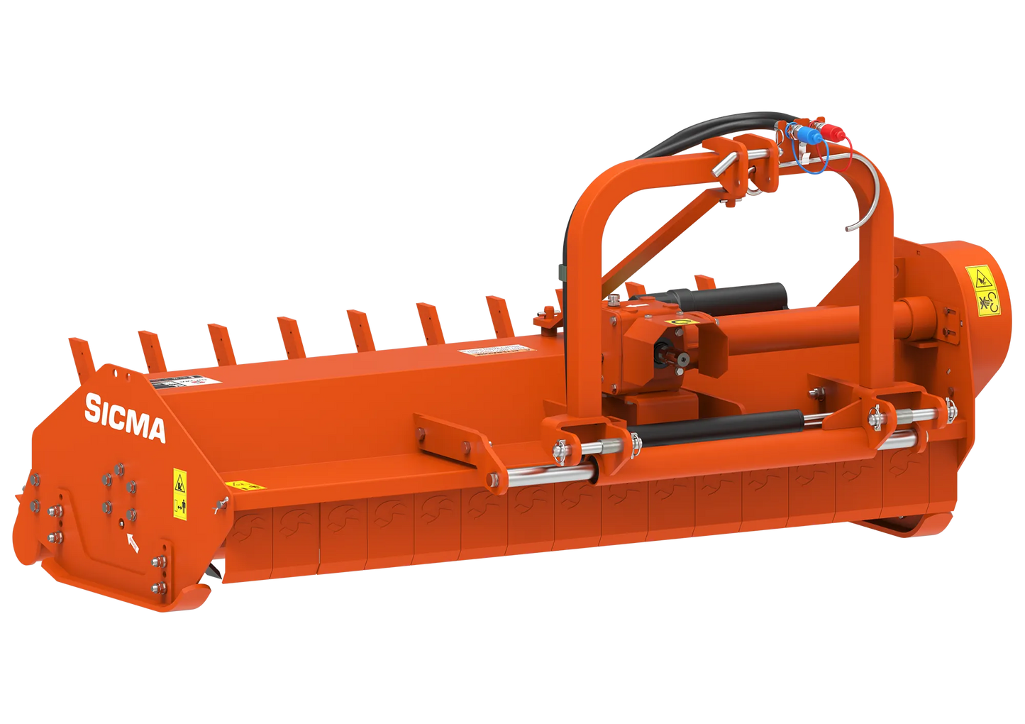 Vista anteriore della trinciatrice per trattore Sicma SL 155 Spostabile, dettagli su cardano e attacco idraulico.