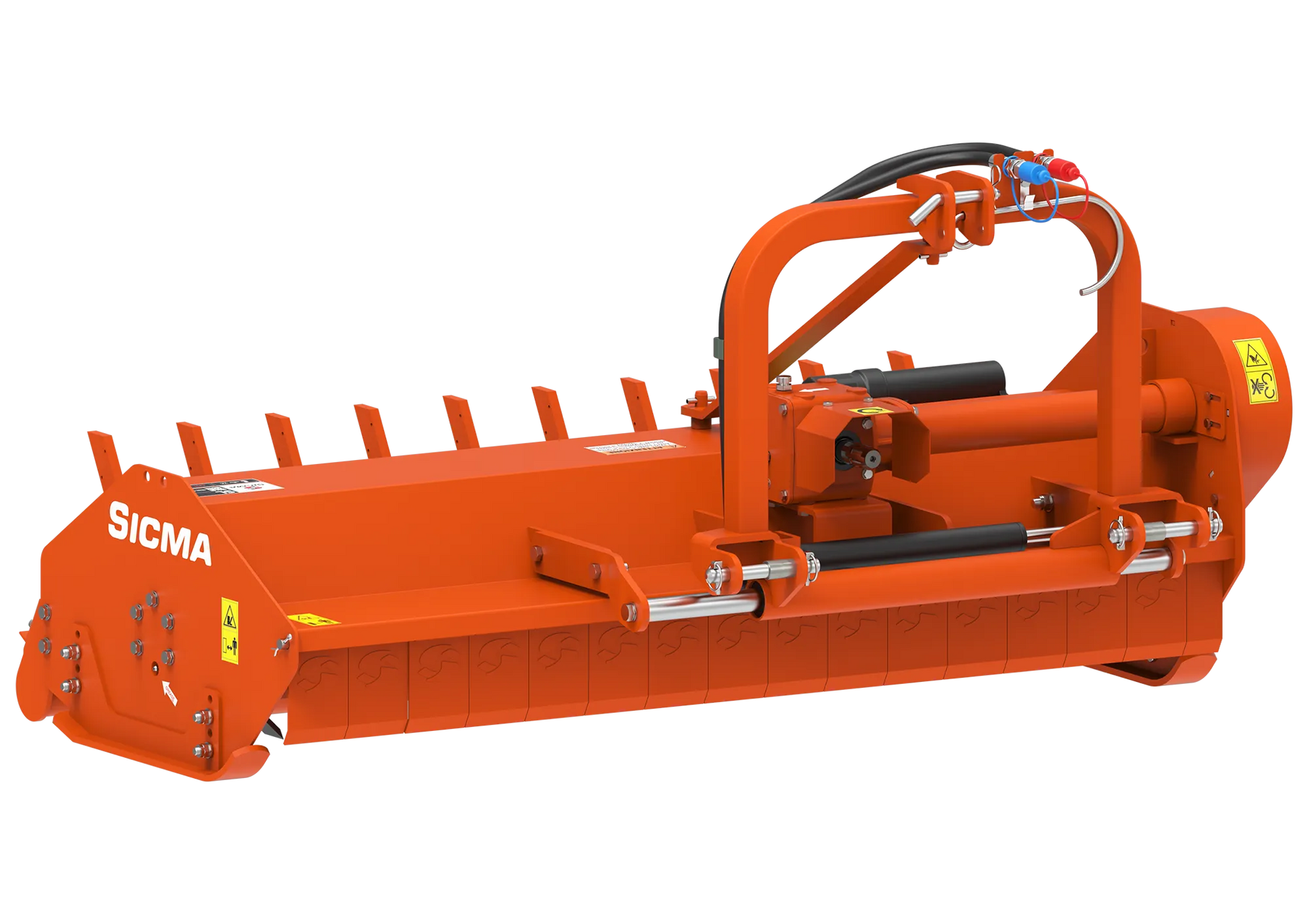 Vista anteriore della trinciatrice per trattore Sicma SL 155 Spostabile, dettagli su cardano e attacco idraulico.