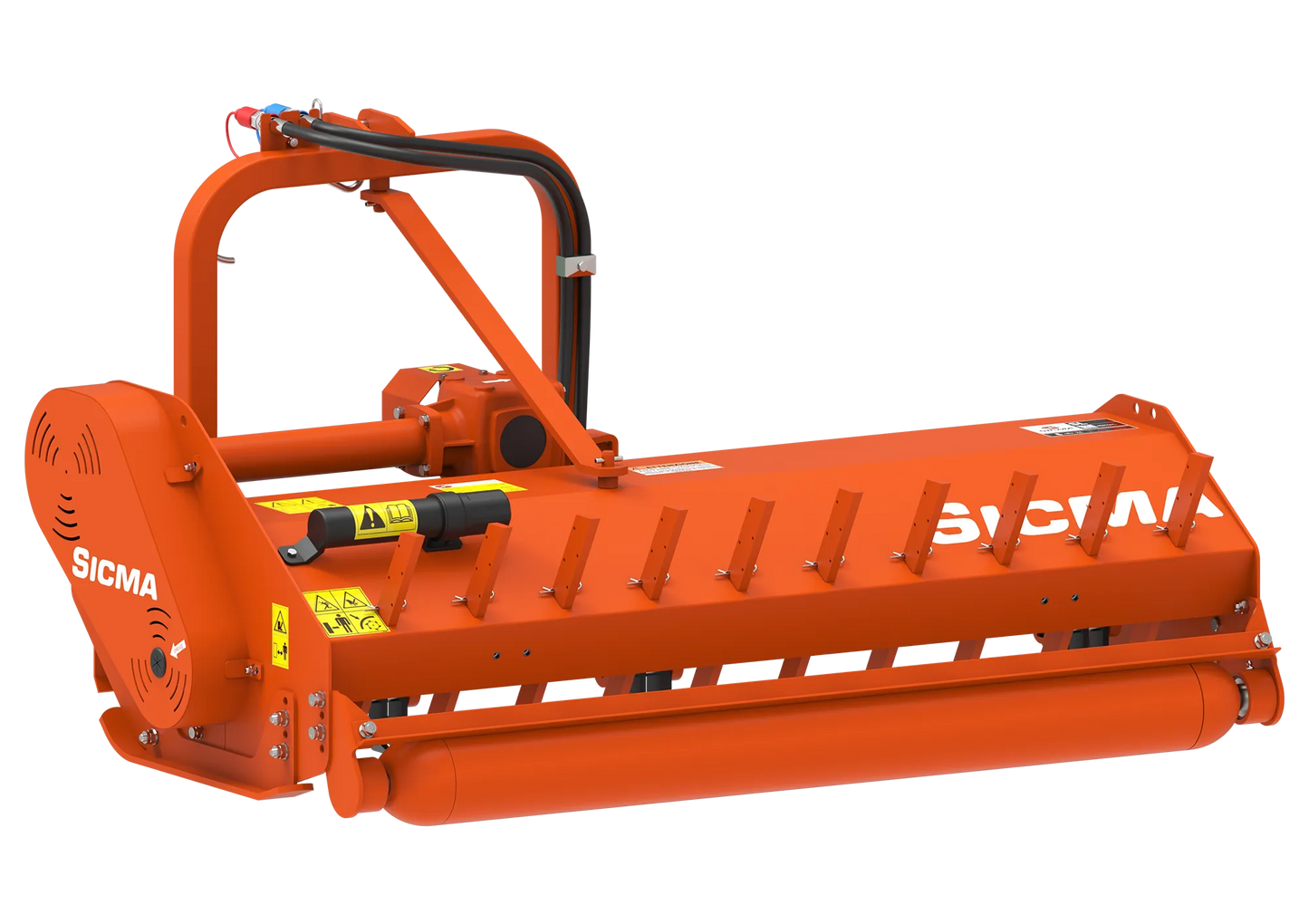 Trinciatrice posteriore per trattore Sicma SL 155 Spostabile vista laterale posteriore, colore arancione, con struttura rinforzata e rullo posteriore.