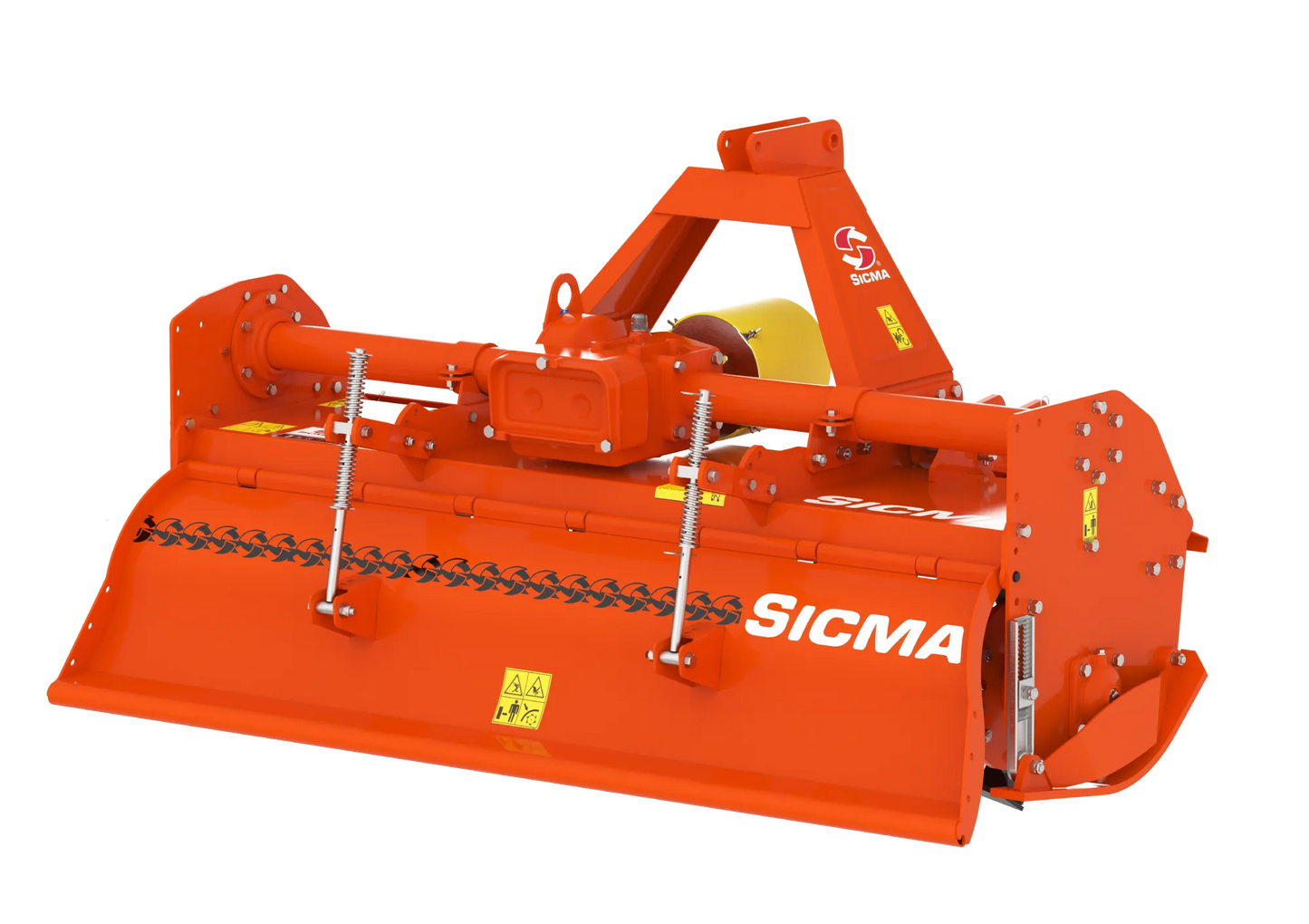 Vista retro-laterale della fresatrice SPR 185, dettagliate le molle e il cofano rinforzato
