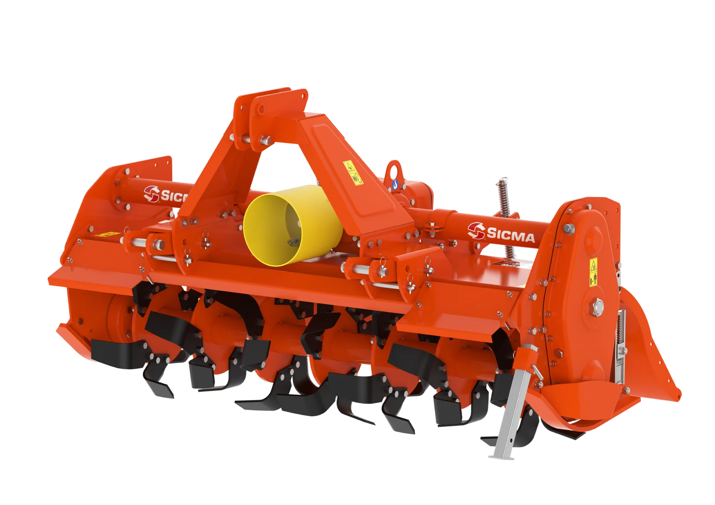 Vista angolata anteriore della fresatrice SPR 185, in evidenza l'albero cardanico e le zappe orientate verso l'esterno
