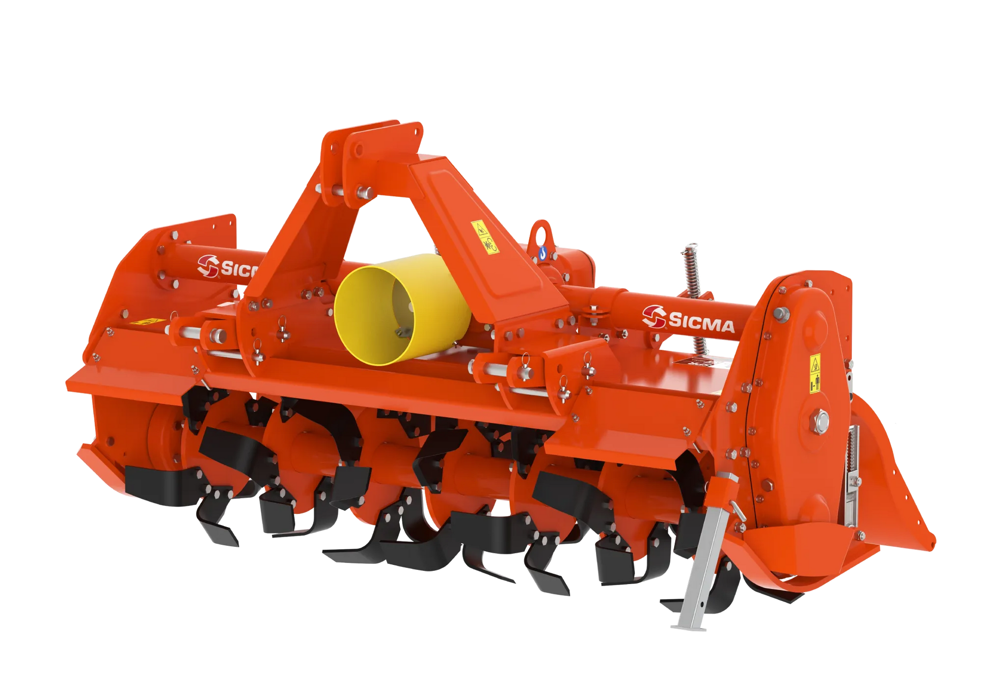 Vista angolata anteriore della fresatrice SPR 185, in evidenza l'albero cardanico e le zappe orientate verso l'esterno
