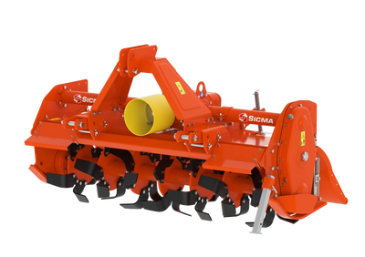 Vista angolata anteriore della fresatrice SPR 185, in evidenza l'albero cardanico e le zappe orientate verso l'esterno
