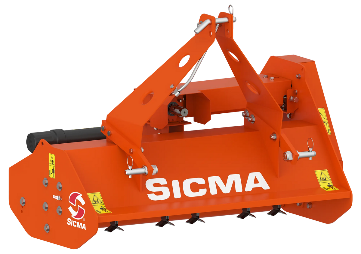 Vista frontale angolata del trinciatutto Sicma TA, dettaglio su barra portacoltri e telaio robusto