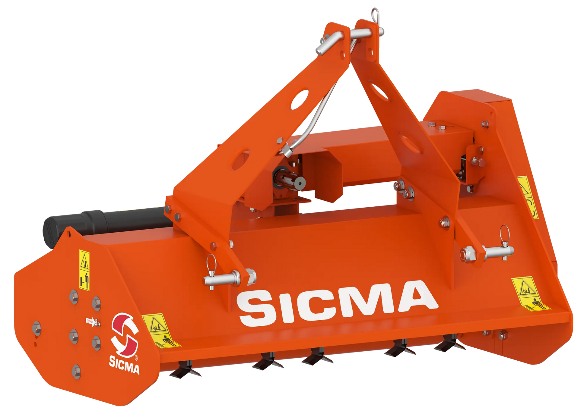 Vista frontale angolata del trinciatutto Sicma TA, dettaglio su barra portacoltri e telaio robusto