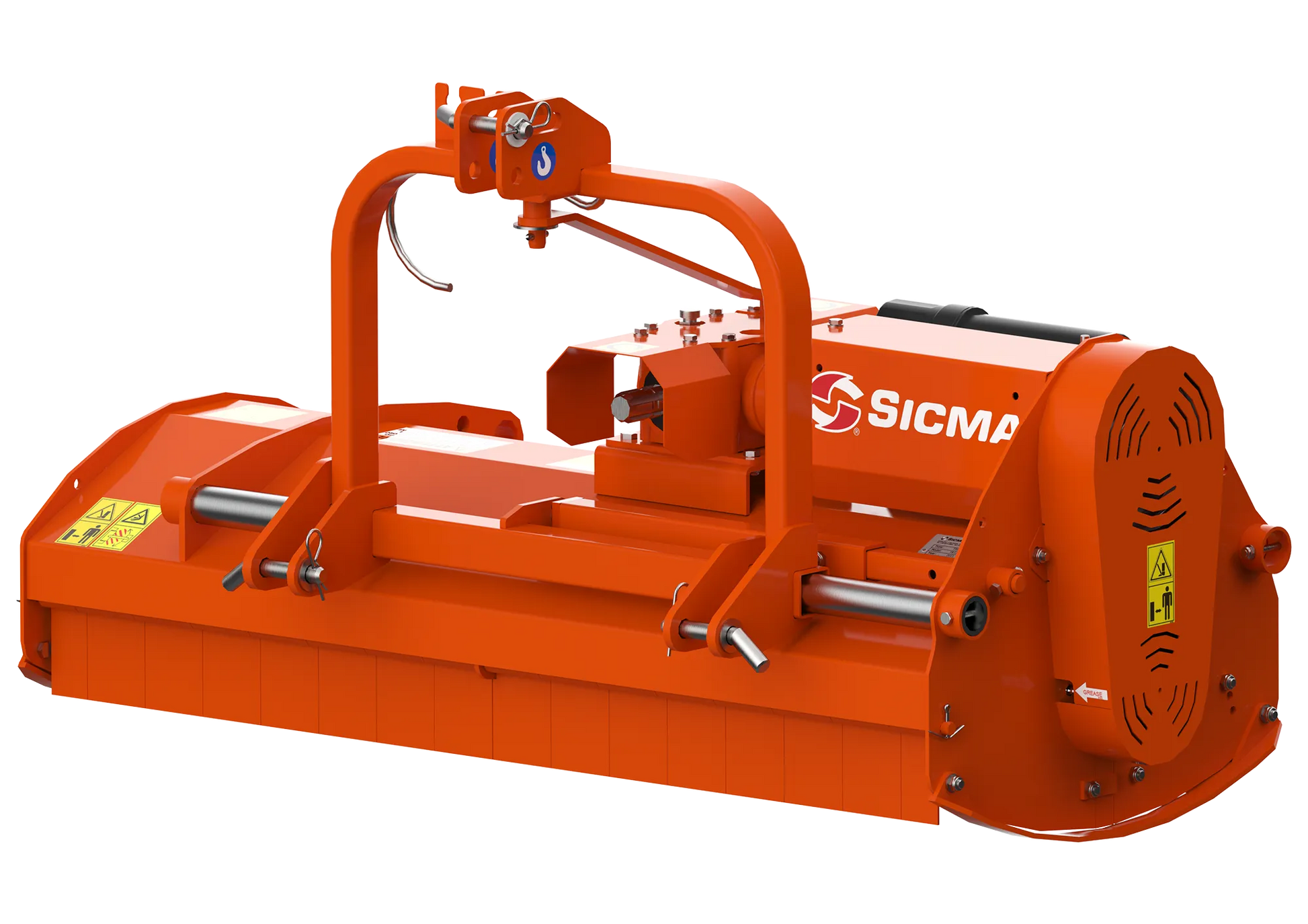 Vista frontale del trinciatutto Sicma TB 125 in primo piano, si evidenziano il rullo posteriore, il gruppo trasmissione e i mazze.