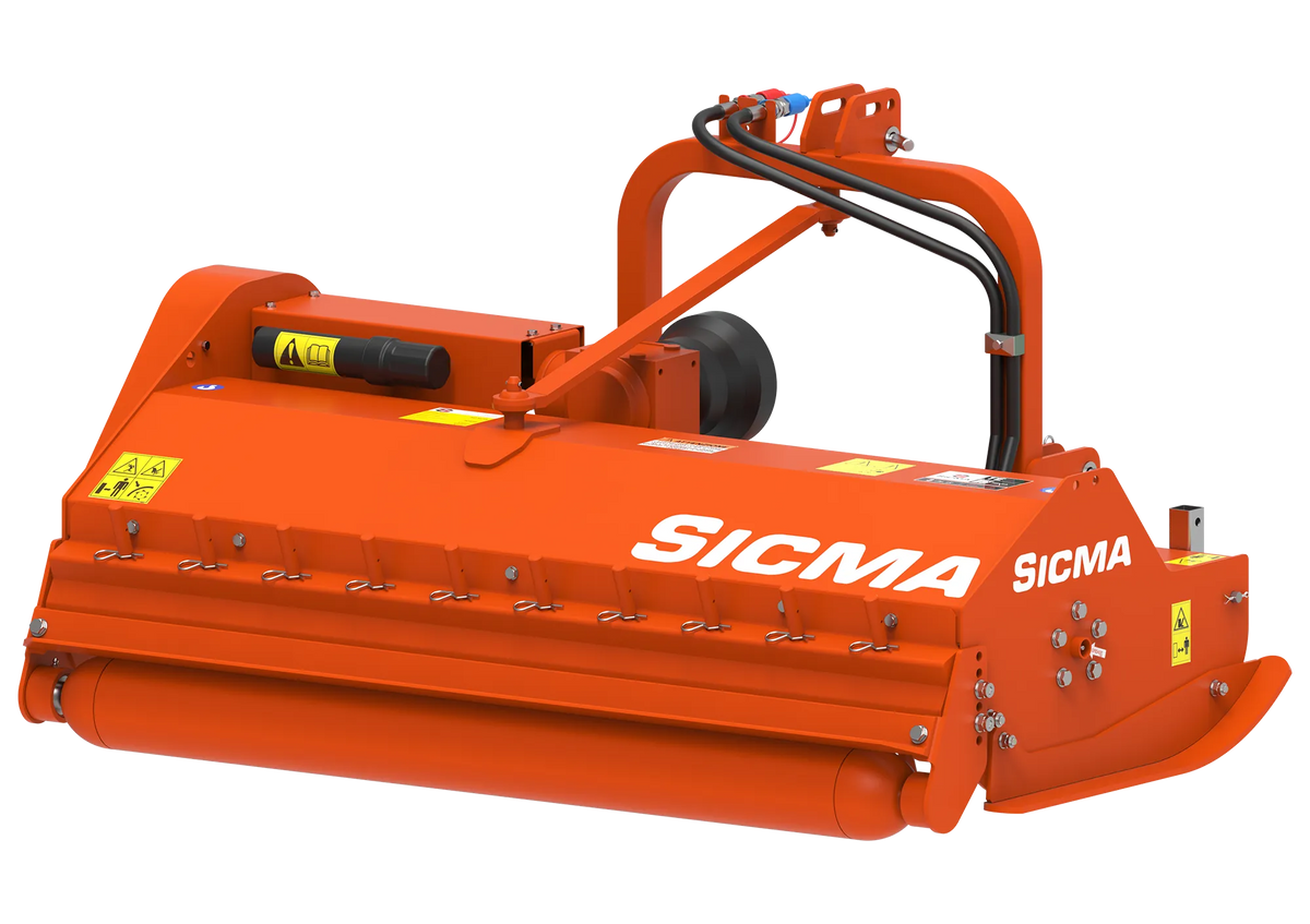 Trinciatrice Sicma TE 160 vista posteriore, con rullo posteriore e logo ben visibili sulla scocca arancione.
