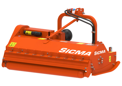 Trinciatrice Sicma TE 160 vista posteriore, con rullo posteriore e logo ben visibili sulla scocca arancione.
