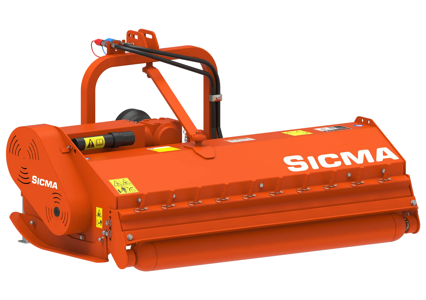 Trinciatrice agricola Sicma TE 160 vista da dietro-lato, focus su rullo posteriore, struttura e tubi idraulici.
