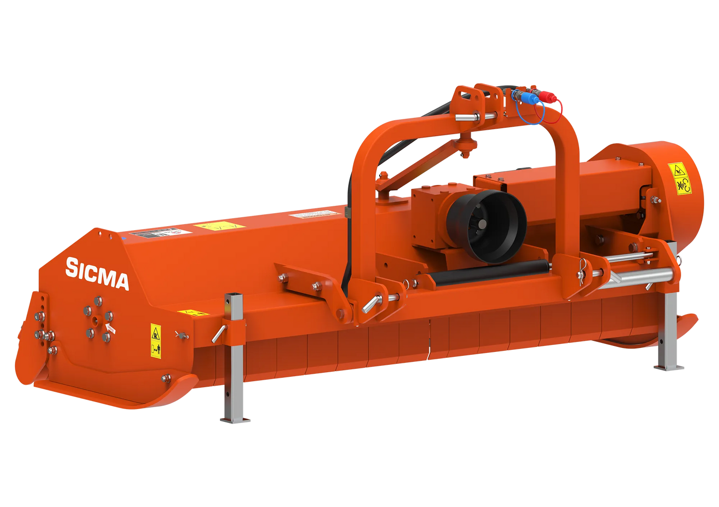 Trinciatrice Sicma TE 160 vista laterale anteriore, dettagli di attacco a tre punti e componenti idraulici visibili.
