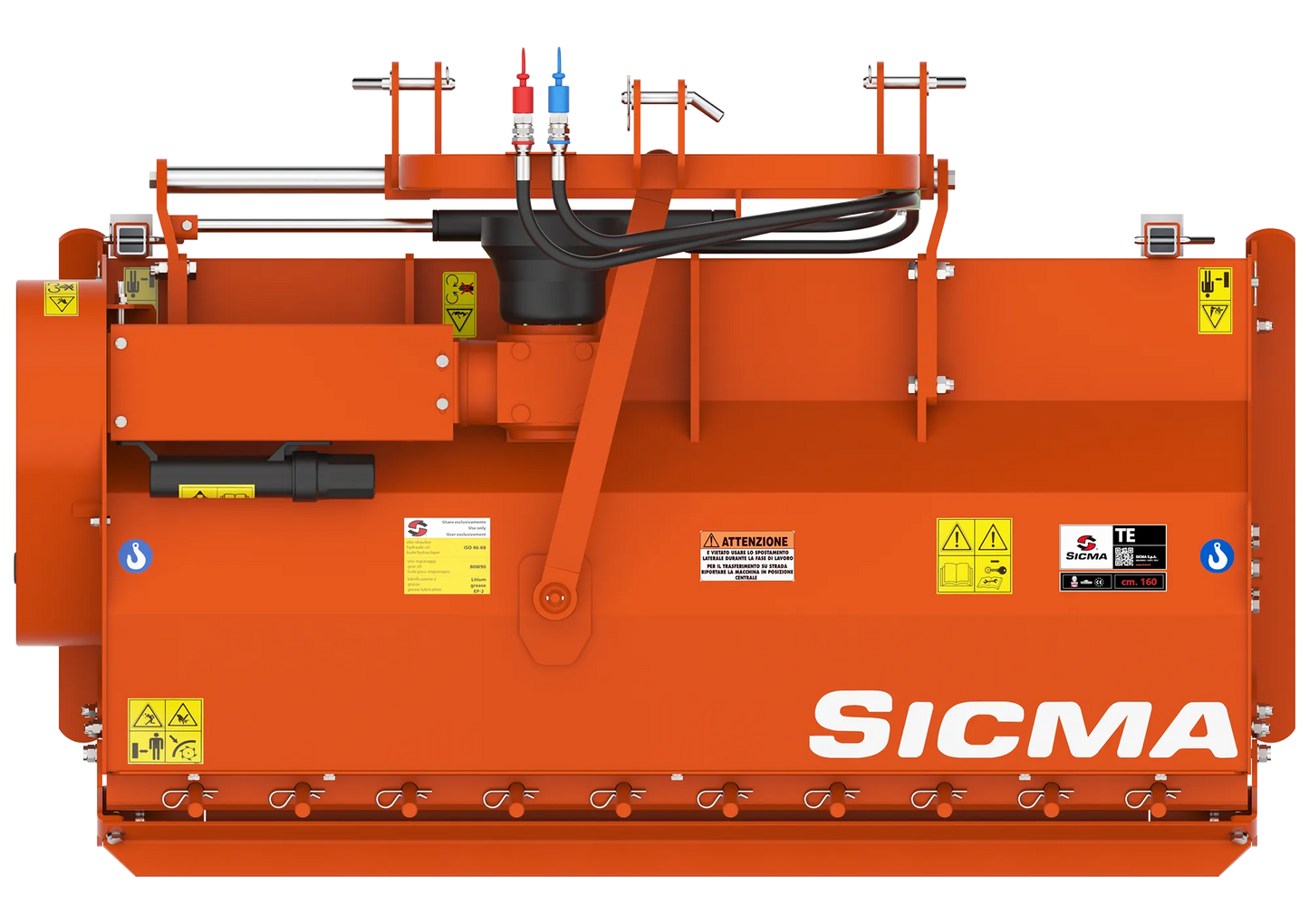 Trinciatrice Sicma TE 160 vista dall’alto, evidenziata la larghezza di lavoro e i raccordi idraulici superiori.
