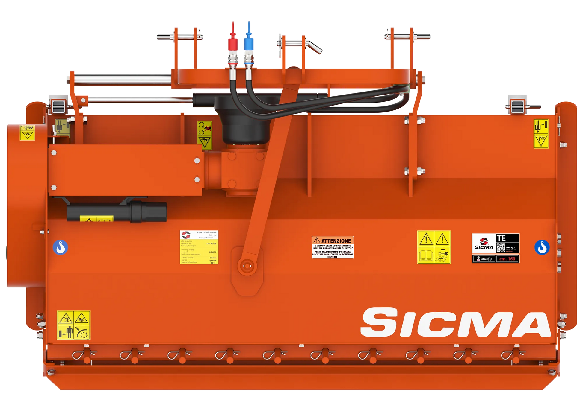 Trinciatrice Sicma TE 160 vista dall’alto, evidenziata la larghezza di lavoro e i raccordi idraulici superiori.
