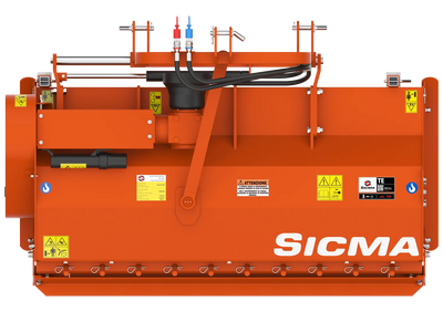 Trinciatrice Sicma TE 160 vista dall’alto, evidenziata la larghezza di lavoro e i raccordi idraulici superiori.
