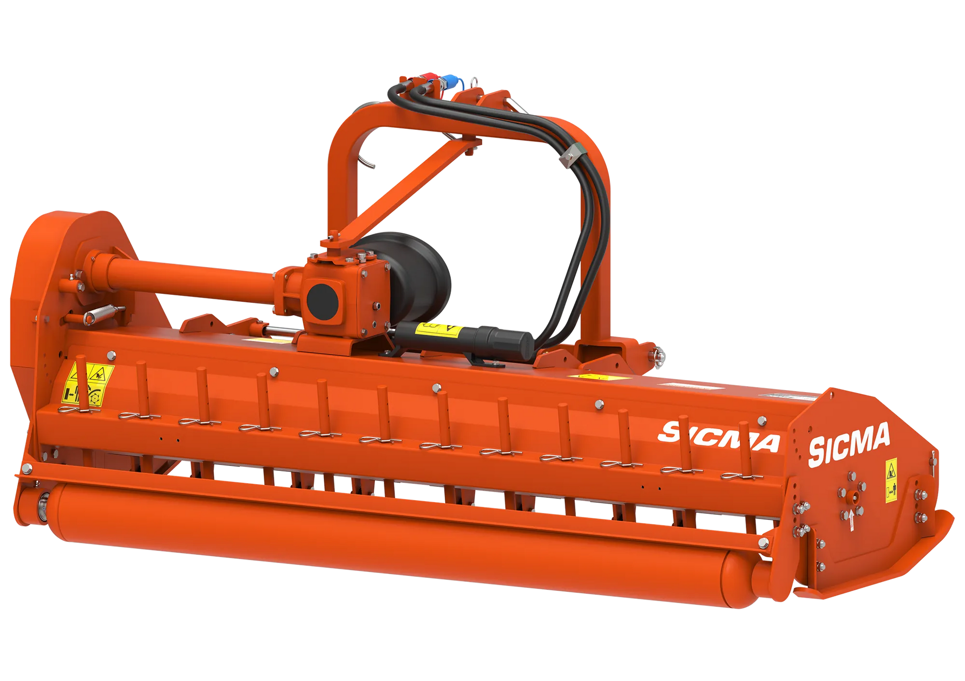 Vista prospettica posteriore della trinciatrice Sicma TMX 185 spostabile, con logo e dettagli delle protezioni posteriori.
