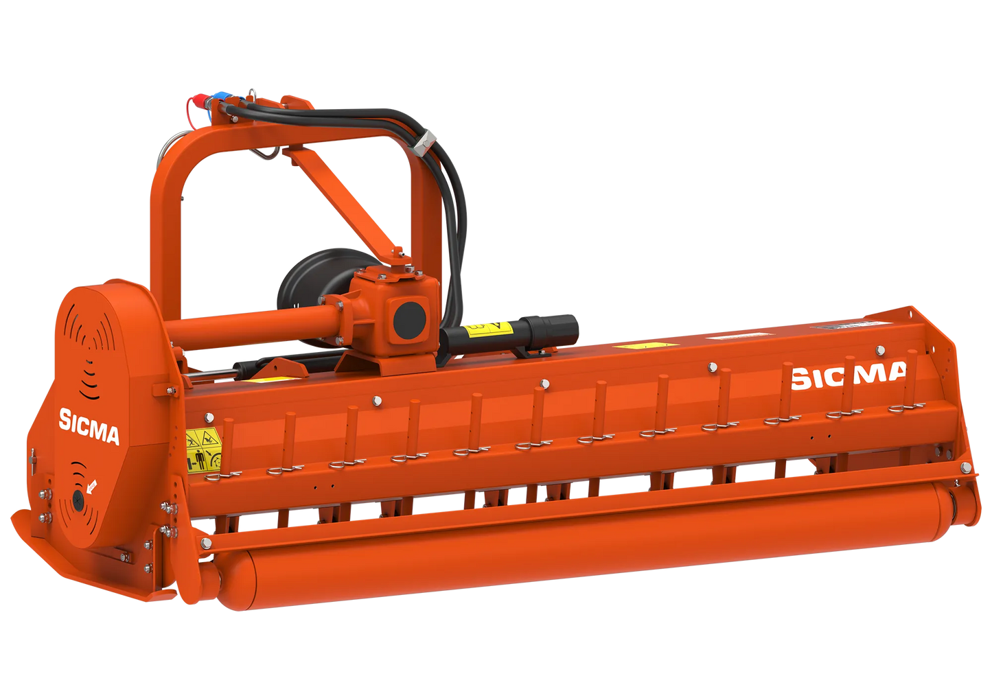 Vista posteriore della trinciatrice Sicma TMX 185 spostabile con rullo di appoggio e dettagli della trasmissione visibili.
