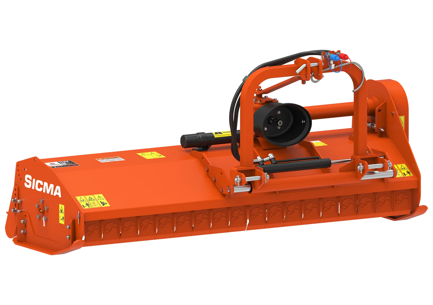 Vista prospettica frontale della trinciatrice Sicma TMX 185 spostabile con attacco a tre punti e barra di protezione anteriore.
