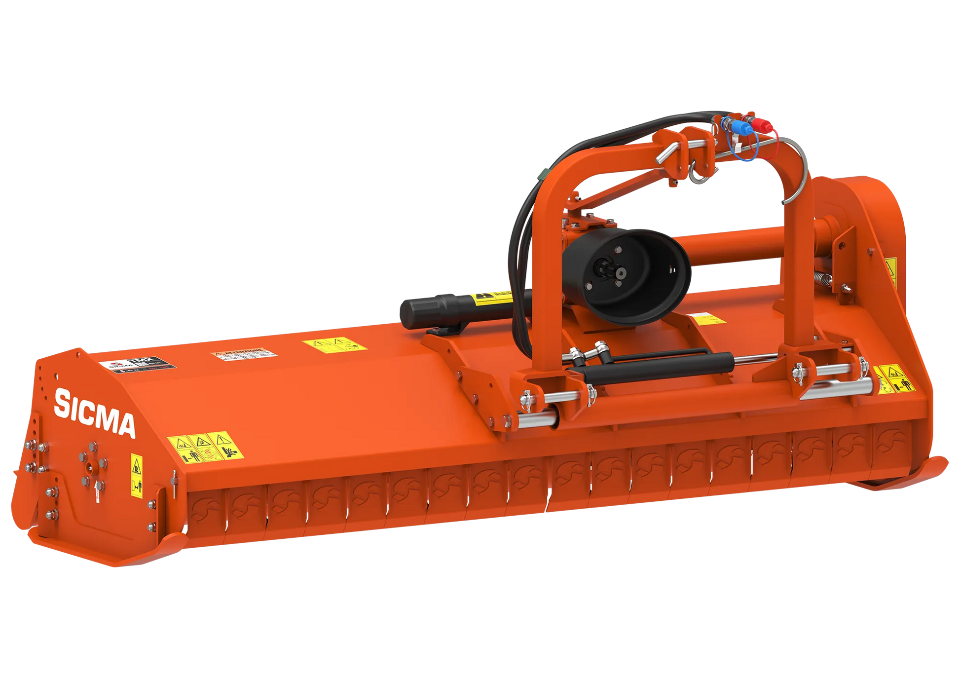 Vista prospettica frontale della trinciatrice Sicma TMX 185 spostabile con attacco a tre punti e barra di protezione anteriore.
