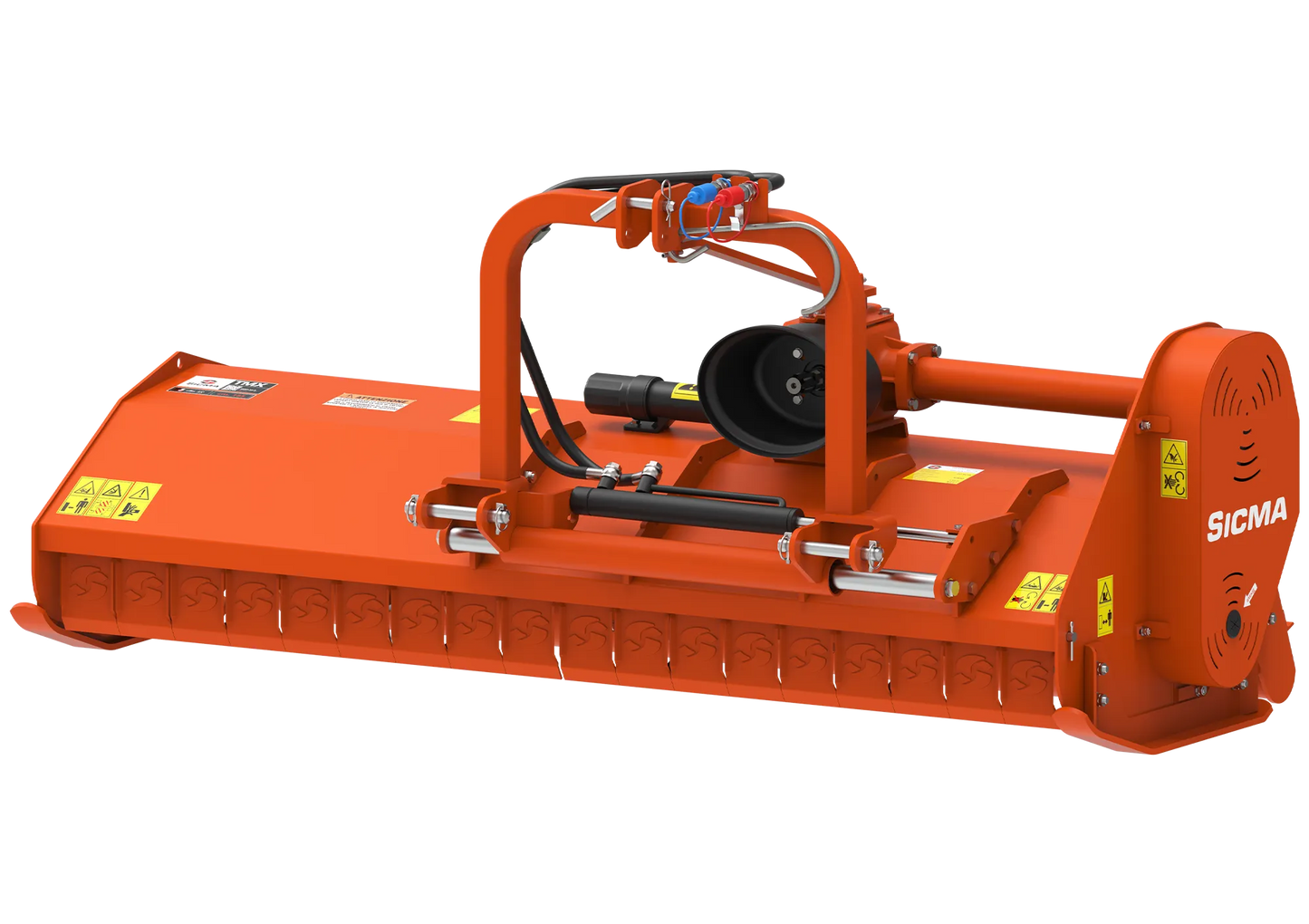 Vista frontale della trinciatrice Sicma TMX 185 spostabile, struttura robusta e dettagli dei martelli o coltelli visibili.
