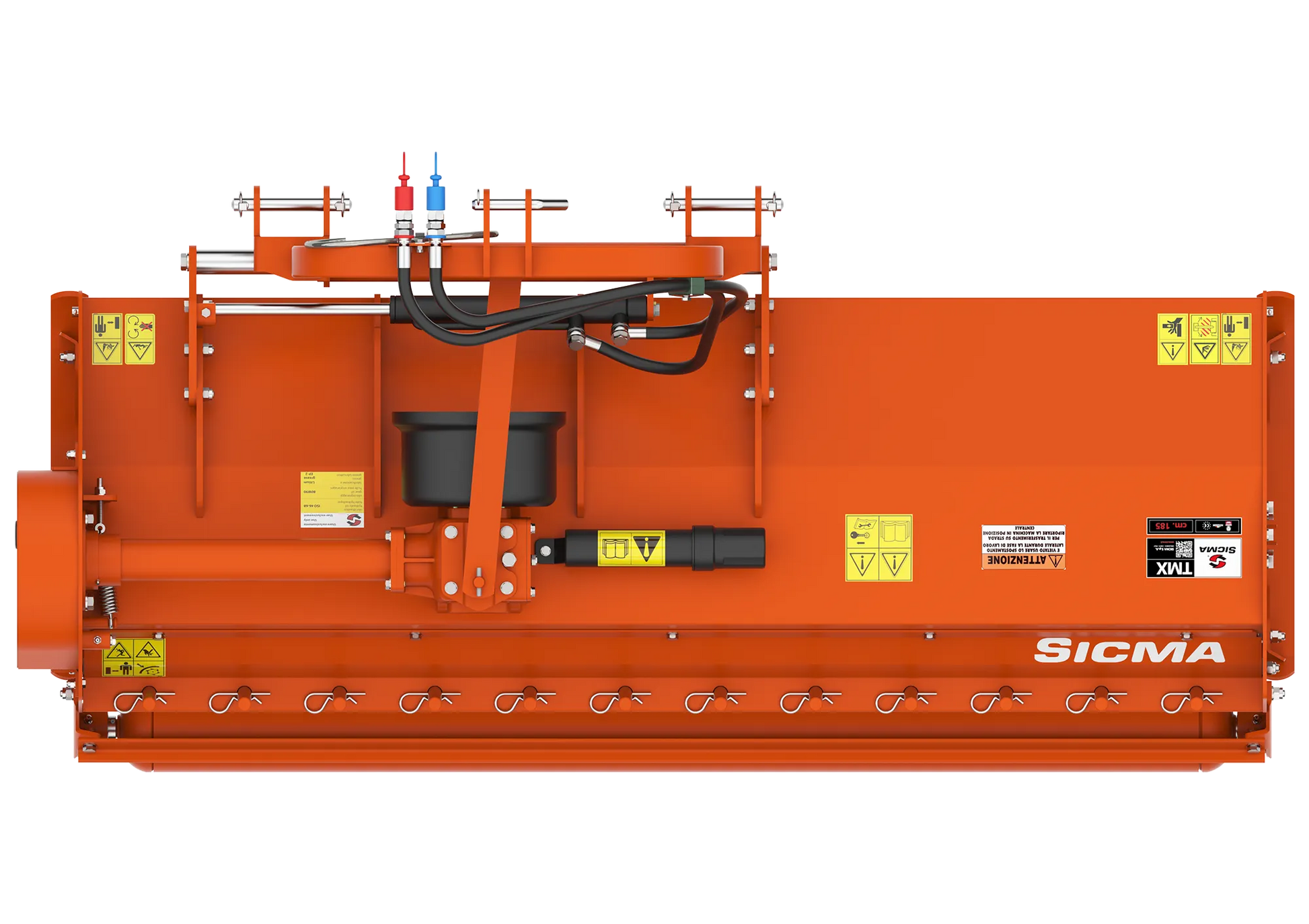 Vista dall’alto della trinciatrice Sicma TMX 185 spostabile che mostra la disposizione dei comandi idraulici e dei componenti principali.
