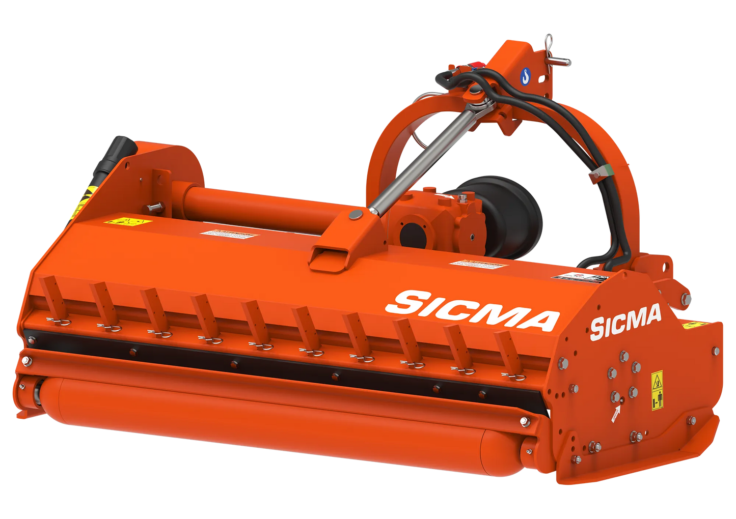 Vista prospettica posteriore della trinciatrice Sicma TSN 155 spostabile, con rullo di appoggio e telaio visibili.
