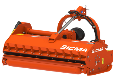 Vista prospettica posteriore della trinciatrice Sicma TSN 155 spostabile, con rullo di appoggio e telaio visibili.

