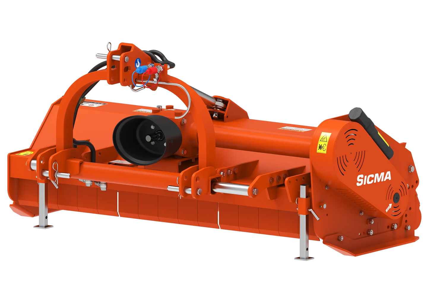 Vista frontale della trinciatrice Sicma TSN 155 spostabile, che evidenzia il rullo posteriore e le protezioni anteriori.
